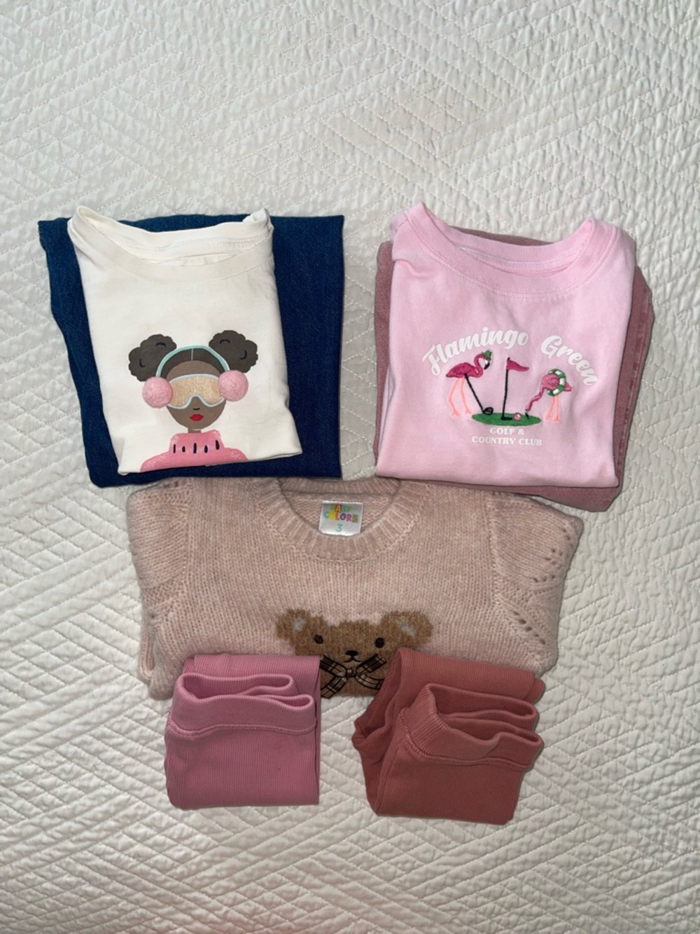 Janie & Jack Graphic Tee, Zara pants and leggings.
